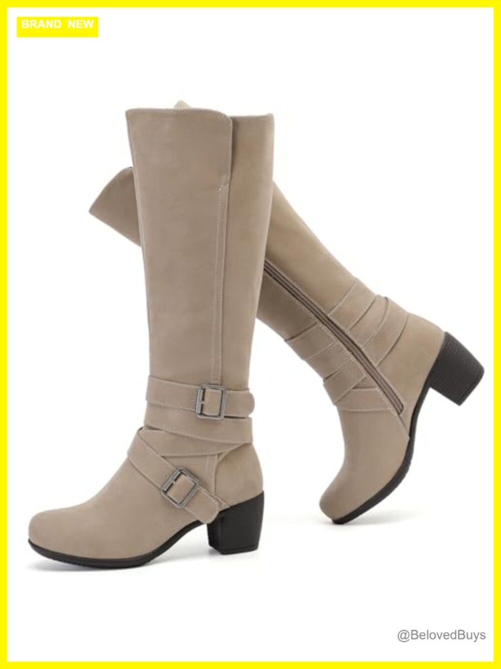 Knee High Heeled Boots Pointed Toe Faux Leather Block Heel Side Zip